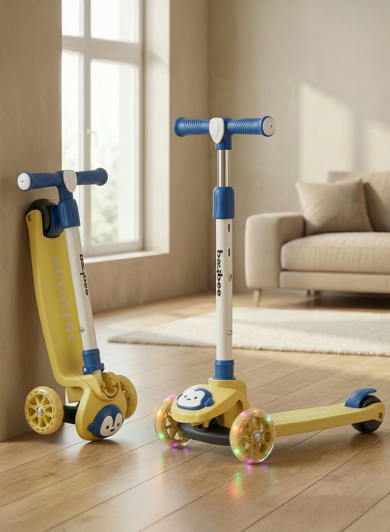 بيبي سكوتر مونكي للأطفال | سكوتر بثلاث عجلات للأطفال بثلاثة ارتفاعات قابلة للتعديل، مزود بإضاءة LED وموسيقى | سكوترات تزلج تتحمل وزنًا يصل إلى 50 كجم | سكوترات جري للأطفال من عمر سنتين إلى 10 سنوات، لون أصفر - Image 1